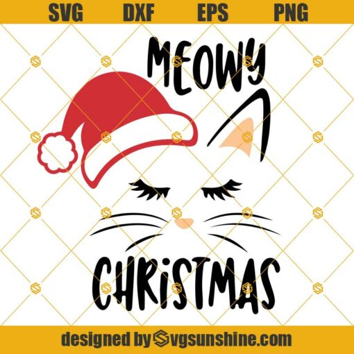 Meowy Christmas SVG, Christmas Cat SVG, Cute Cat Face with Santa Hat SVG, Santa Cat SVG