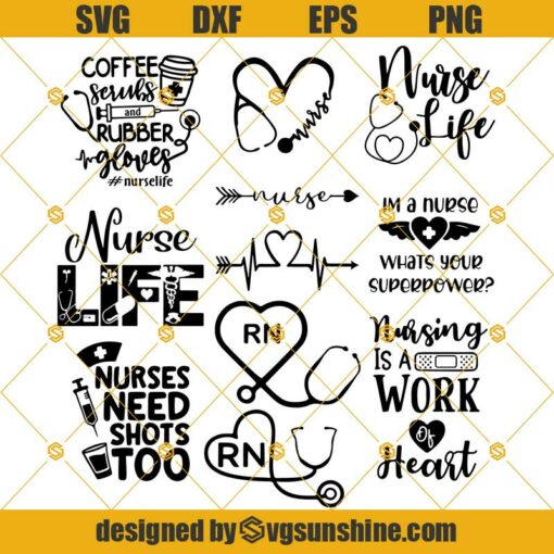 Nurse SVG Bundle, Nurse Life SVG, RN SVG, Coffee Scrubs And Rubber Gloves SVG, Superpower Nurse SVG, Stethoscope SVG PNG DXF EPS