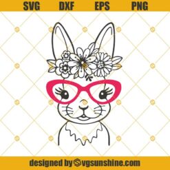 Rabbit With Glasses SVG, Cute Easter Bunny Floral Crown SVG, Bunny SVG Cut File For Cricut Silhouette, Digital Cutting File Vector