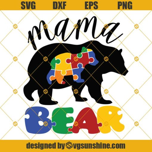 Mama Bear SVG, Autism Puzzle SVG, Bear Cub SVG Cut File for Cricut, Silhouete, Autism Awareness Mom SVG