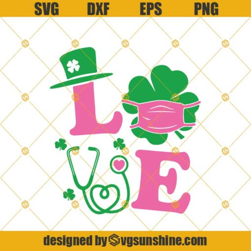 Funny Green Plaid Love Nurse Shamrock Mask Quarantine Svg, Stethoscope Svg, Nurse St Patricks Day Svg Png Dxf Eps