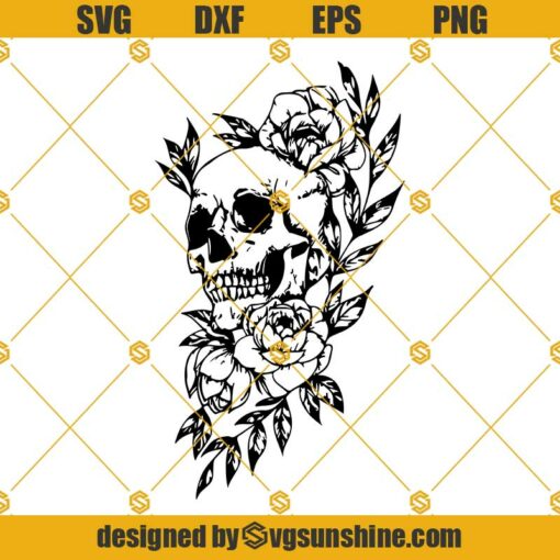 Skull And Flowers  SVG PNG DXF EPS Files For Silhouette, Skull SVG, Flowers SVG
