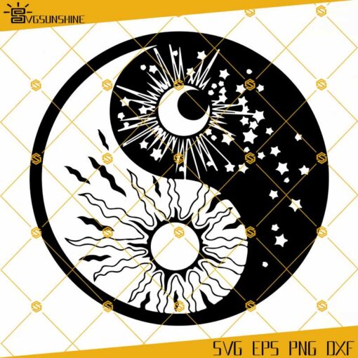Yin Yang Symbol Sun Moon Buddhism Stars Day Night SVG PNG DXF EPS