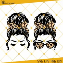 Messy Bun Bandana Glasses Leopard Print SVG, Beautiful Girl Lady Woman Face SVG, Cheetah Print Bandana SVG, Messy Bun SVG Bundle