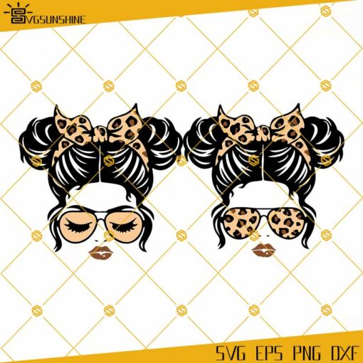 Messy Bun Leopard Bandana Glasses SVG, Hairstyle Beautiful Girl Face Cut File, Cheetah Print Bandana SVG, Messy Bun SVG