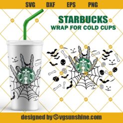 Bone Skeleton Hand Starbucks Cup SVG, Halloween Skeleton Skull Starbucks Full Wrap SVG