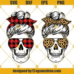Messy Bun Skull SVG, Skull Momlife SVG,  Leopard Buffalo Plaid Bandana Skull