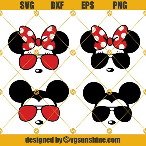 Mickey Minnie Sunglasses Svg, Minnie Mouse Head Svg, Mickey Head Svg, Red Bow Minnie With Glasses Svg