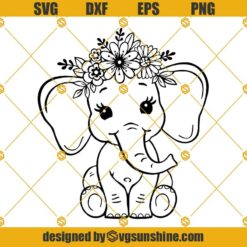 Cute Baby Elephant With Floral Flower Crown SVG, Elephant SVG, Elephant Cut File For Cricut Silhouette