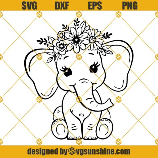 Cute Baby Elephant With Floral Flower Crown SVG, Elephant SVG, Elephant Cut File For Cricut Silhouette