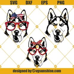 Husky SVG, Dog SVG Cricut, Siberian Husky Heart Glasses USA Bandana SVG, Dog Face SVG