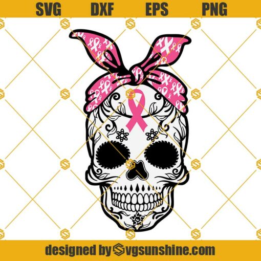 Skull Bandana Cancer SVG, Skull Breast Cancer Awareness SVG, Skull Pink Ribbon SVG PNG DXF EPS Cricut