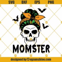 Halloween Momster SVG, Skull Mom Life SVG, Momster Skull Messy Bun Hair Halloween Bandana SVG, Momster Cricut Silhouette