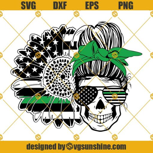 Messy Bun Skull Military SVG, Army Mom Skull SVG, American Sunflower Thin Green Line SVG