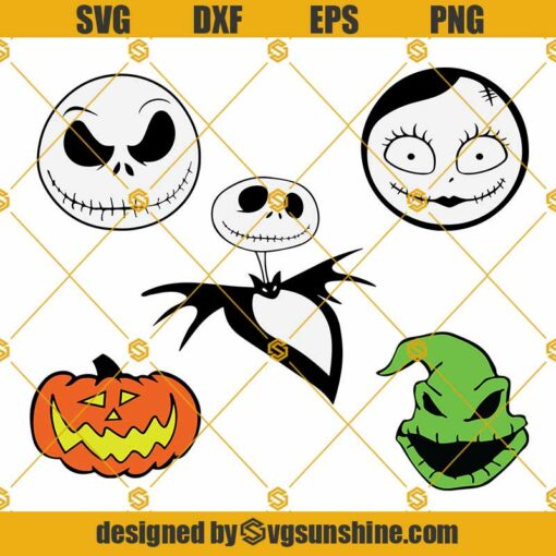 Jack Skellington Face SVG, Sally Face SVG, Oogie Boogie Face SVG, Pumpkin Halloween SVG Bundle