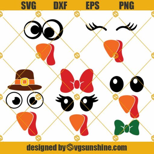 Turkey Face SVG, Turkey SVG Bundle, Thanksgiving Day SVG, Turkey With Bow SVG, Pilgrim Turkey SVG
