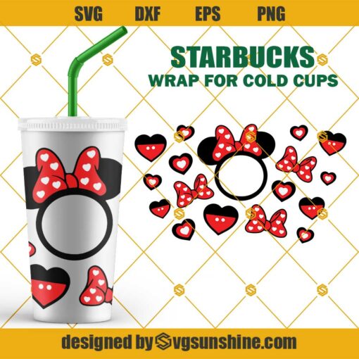 Valentine Minnie Hearts Red Bow Starbucks Cup SVG, Full Wrap Valentine Starbucks Cold Cup SVG