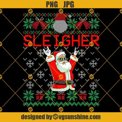 Santa Claus Sleigher Ugly Christmas Sweater PNG, Heavy Metal Music Sleigher Hail Santa PNG Designs For Shirts