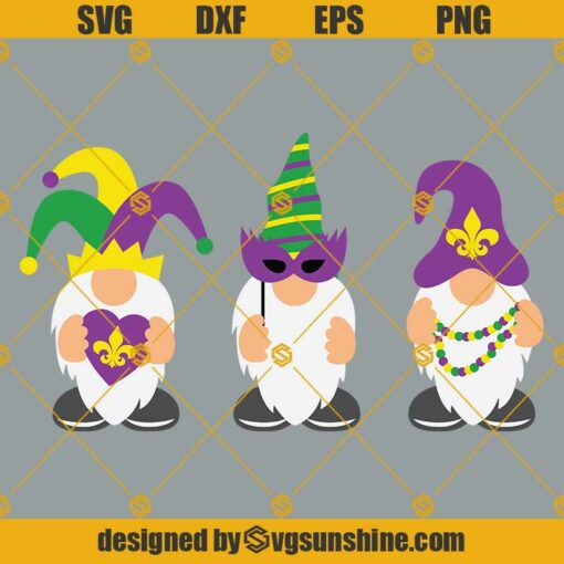 Mardi Gras Gnome SVG, Mardi Gras Gnomes SVG, Three Gnomes SVG, Fleur De Lis SVG, Mardi Gras Mask SVG