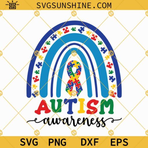 Autism Awareness Blue Rainbow Puzzle Piece SVG, Autism Awareness Ribbon SVG, Autism Rainbow SVG, Autism Cut Files Designs For Shirts