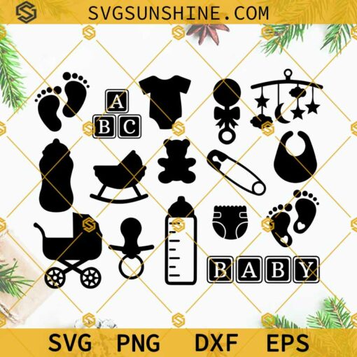 Baby Shower Bundle SVG, Baby Shower Digital Clipart, New Baby SVG, Baby Footprints SVG, Diaper, Pram, Onesie, Baby Bottle SVG