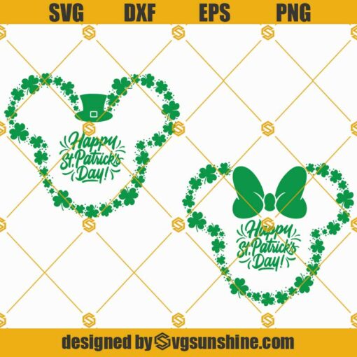 Happy St Patricks Day Mickey Minnie Head SVG Bundle, Happy St Patricks day SVG, Three Leaf Clovers SVG, Shamrock Mouse Head SVG