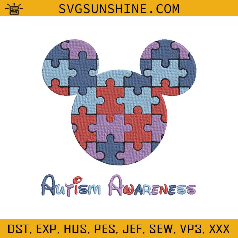 Mickey Mouse Autism Awareness Embroidery Designs, Autism Awareness Embroidery Design File