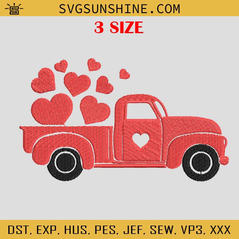 Pickup Truck With Heart Embroidery Design, Truck With Heart Embroidery Files, Valentine Machine Embroidery Design
