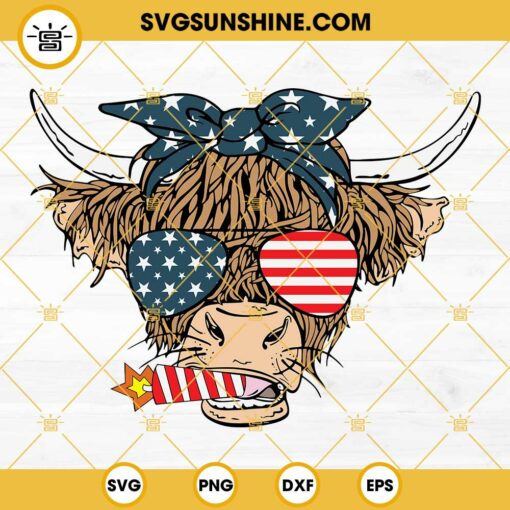 Highland Cow 4th Of July SVG, Patriotic Cow SVG, 4th Of July Cow SVG, Usa Flag Bandana Sunglasses SVG