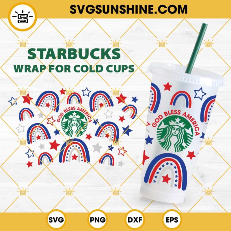 God Bless America Rainbows Full Wrap SVG, 4th Of July Starbucks Cup SVG