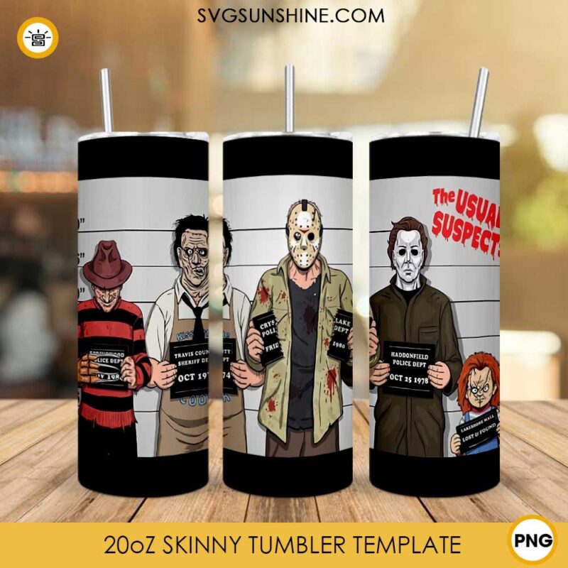 Halloween Horror Movie Killers Skinny Tumbler Template PNG, Jason Voorhees Leatherface Chucky Tumbler Design