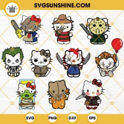 Hello Kitty Horror Movies Characters SVG Bundle, Freddy, Pennywise, Michael Myers, Chucky, BeetleJuice, Horror Movies Killer Halloween SVG Bundle