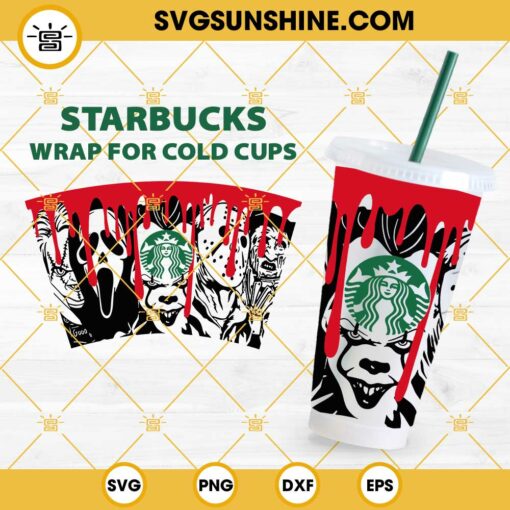 Horror Movie Starbucks Cup SVG, Halloween Full Wrap Starbucks Scary Movie Cold Cup SVG