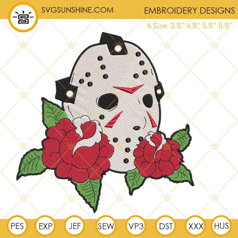 Jason Voorhees Mask With Roses Embroidery Designs, Jason Voorhees Embroidery Design File