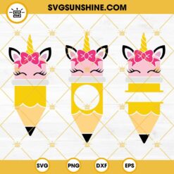 Pencil Unicorn Split Monogram SVG, Pencil Name Frame SVG, Back To School Unicorn SVG, Pencil SVG Bundle