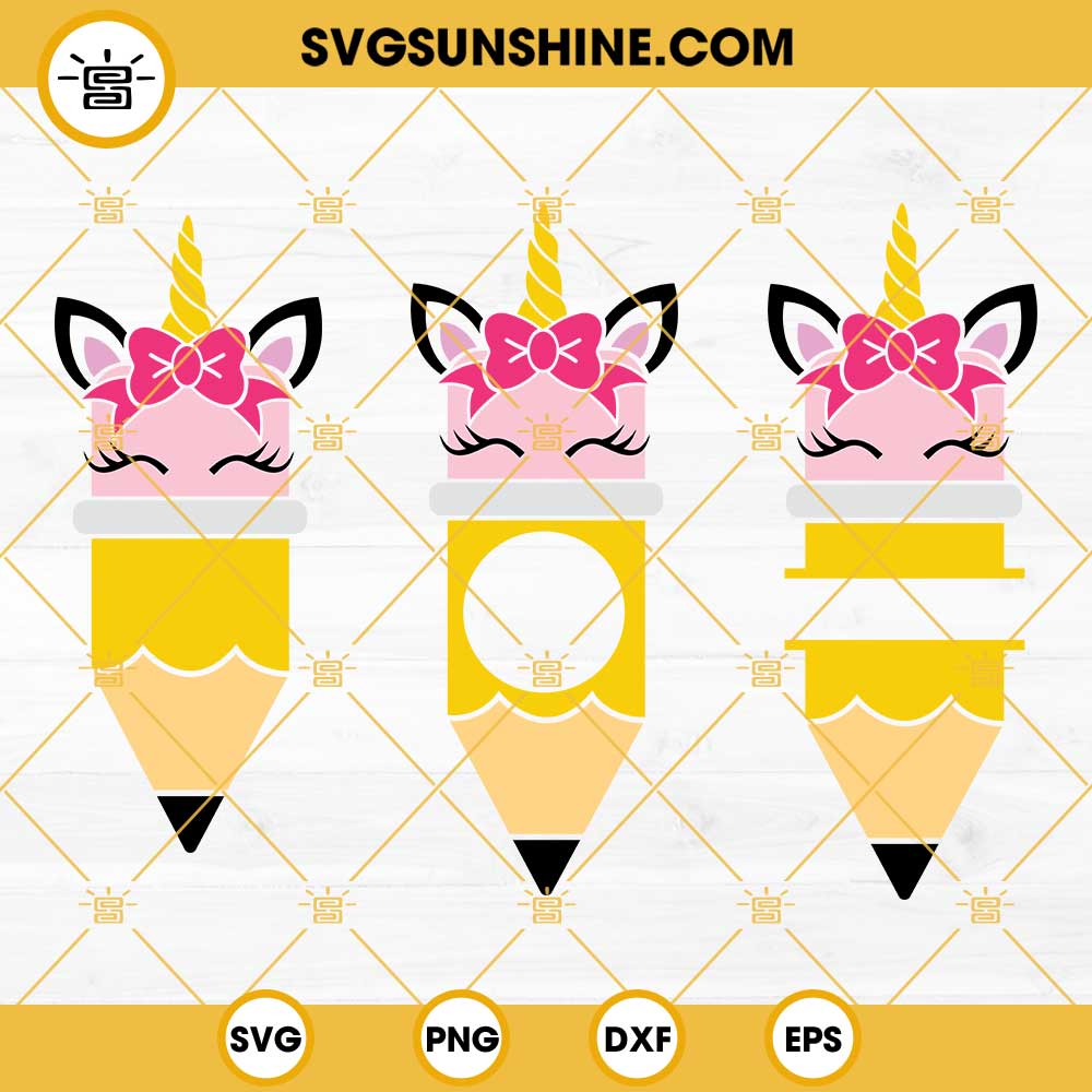 Pencil Unicorn Split Monogram SVG, Pencil Name Frame SVG, Back To School Unicorn SVG, Pencil SVG Bundle