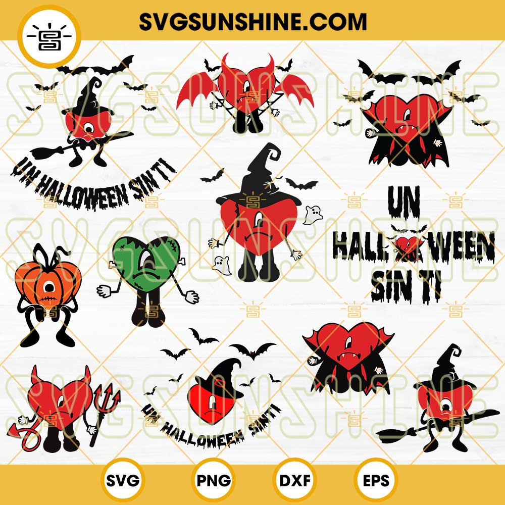 Bad Bunny Heart Halloween SVG Bundle, Un Halloween Sin Ti SVG, Bad Bunny Horror Heart Halloween