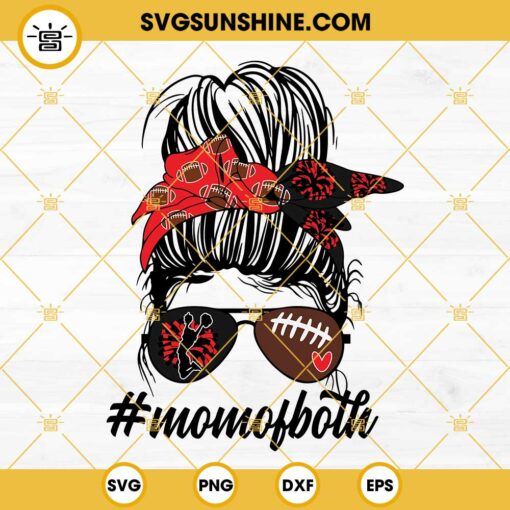Cheer And Football MOM Of Both SVG, Black And Red Team Colors SVG, Messy Bun Football Cheer Mom SVG