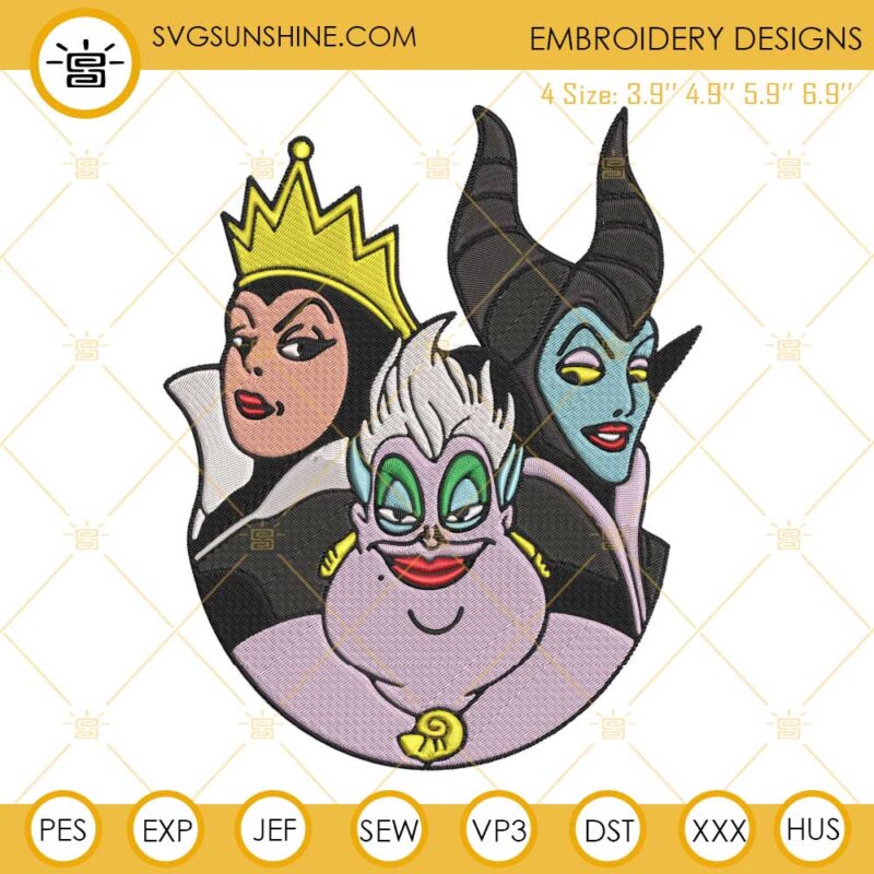 Disney Villains Embroidery Designs, Maleficent Ursula Evil Queen Machine Embroidery Design