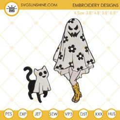 Ghost Girl And Ghost Cat Machine Embroidery Designs, Cat Mom Halloween Embroidery Design File