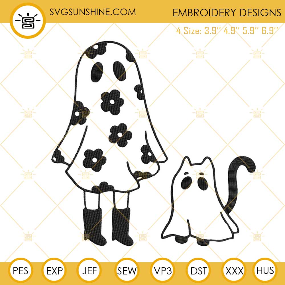 Ghost Girl Ghost Cat Embroidery Designs, Halloween Ghost Machine Embroidery Design File