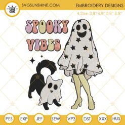 Ghost Girl Ghost Dog Embroidery Designs, Spooky Vibes Ghost Halloween Embroidery Design File