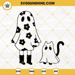 Ghost Girl And Ghost Cat SVG, Halloween Ghost SVG, Spooky Season SVG, Retro Ghost SVG