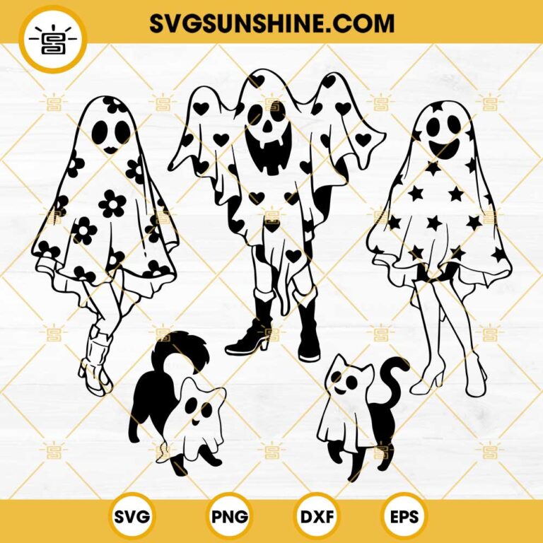 Ghost Girl And Ghost Pet SVG Bundle, Ghost Cat SVG, Ghost Dog SVG