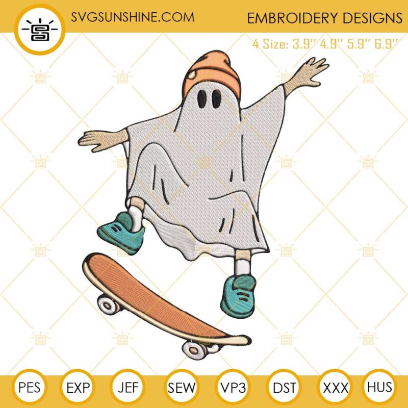Ghost Skateboard Embroidery Designs, Boy Halloween Embroidery Design File