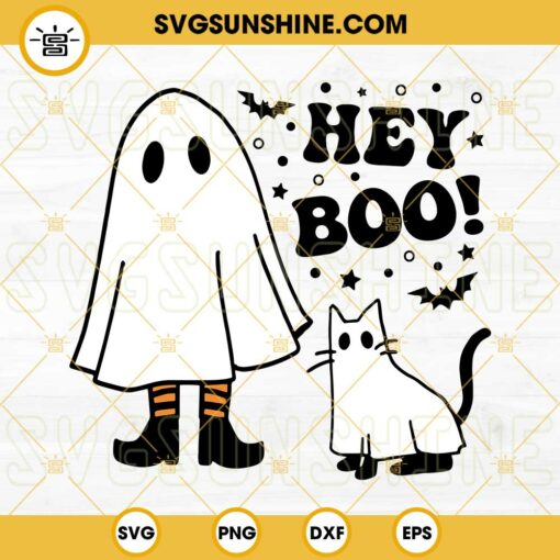 Hey Boo Ghost Girls With Ghost Cat SVG, Spooky Halloween SVG, Boo Crew