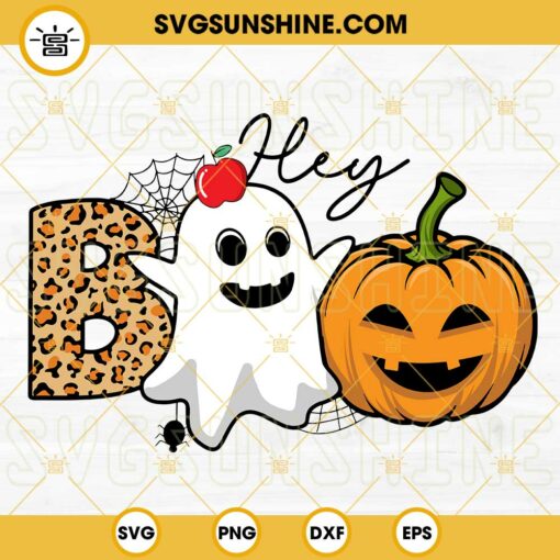 Hey Boo Halloween SVG, Leopard Boo Ghost Pumpkin Halloween SVG, Funny Cute Ghost SVG