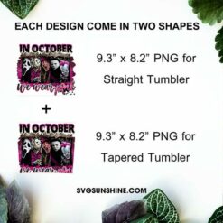 In October We Wear Pink 20oz Skinny Tumbler Template PNG, Halloween Movies Skinny Tumbler Design PNG