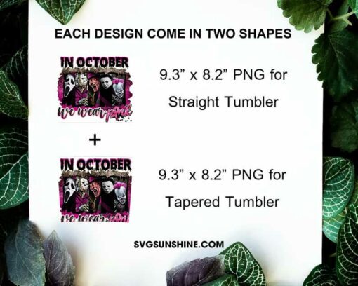 In October We Wear Pink 20oz Skinny Tumbler Template PNG, Halloween Movies Skinny Tumbler Design PNG