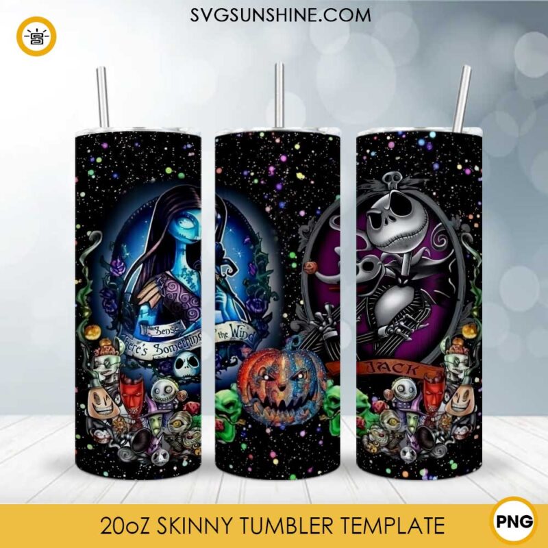 Jack And Sally Halloween 20oz Skinny Tumbler Template PNG, Nightmare Before Christmas Art Skinny Tumbler Design PNG File Digital Download